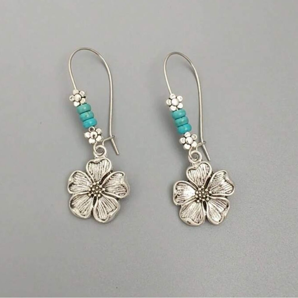 Free People Silver Floral Drop Earrings with Turquoise Beads